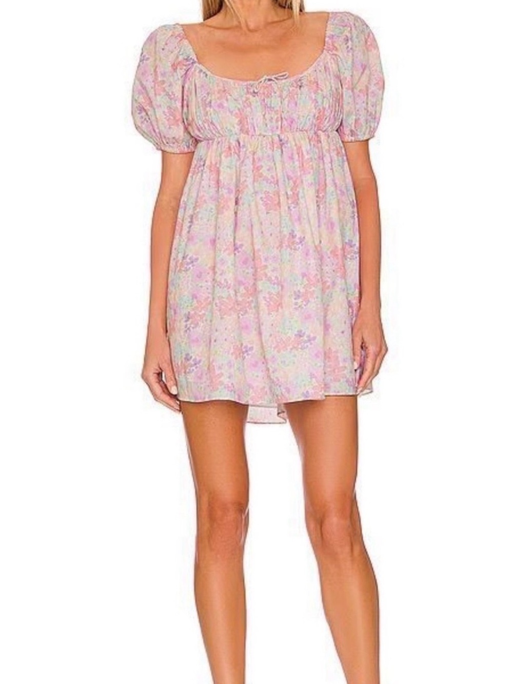 For Love & Lemons Kennedy Mini Dress Pink Floral Puff-Sleeve Babydoll Chemise - Picture 2 of 5
